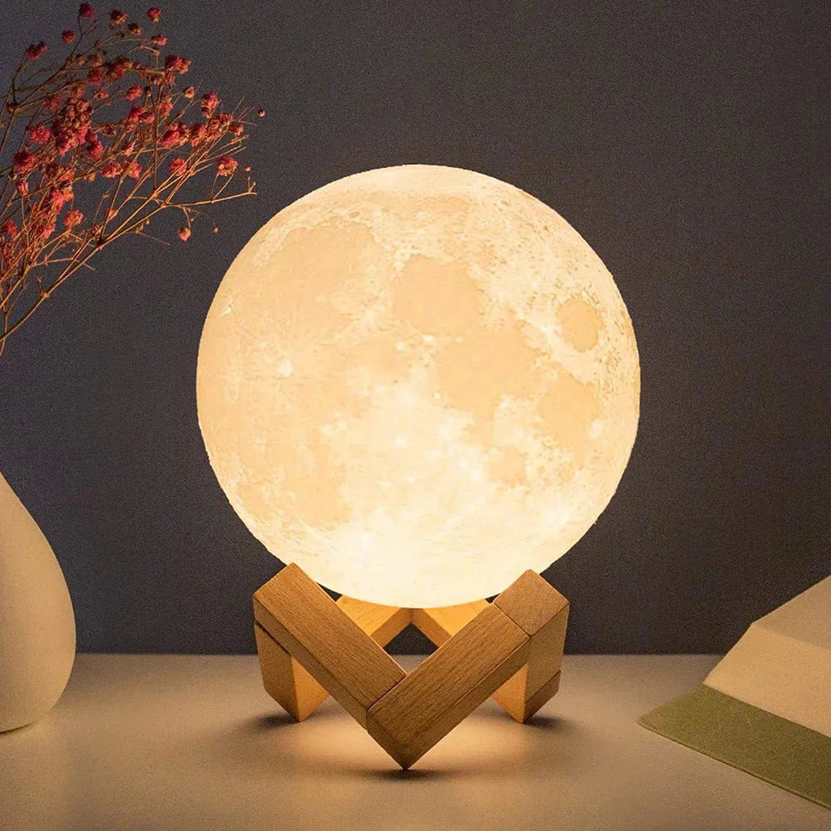 D5 Starry Moon Lamp 8cm LED Night Light with Stand - 3D Printed Lunar Lamp Touch Control - Solily