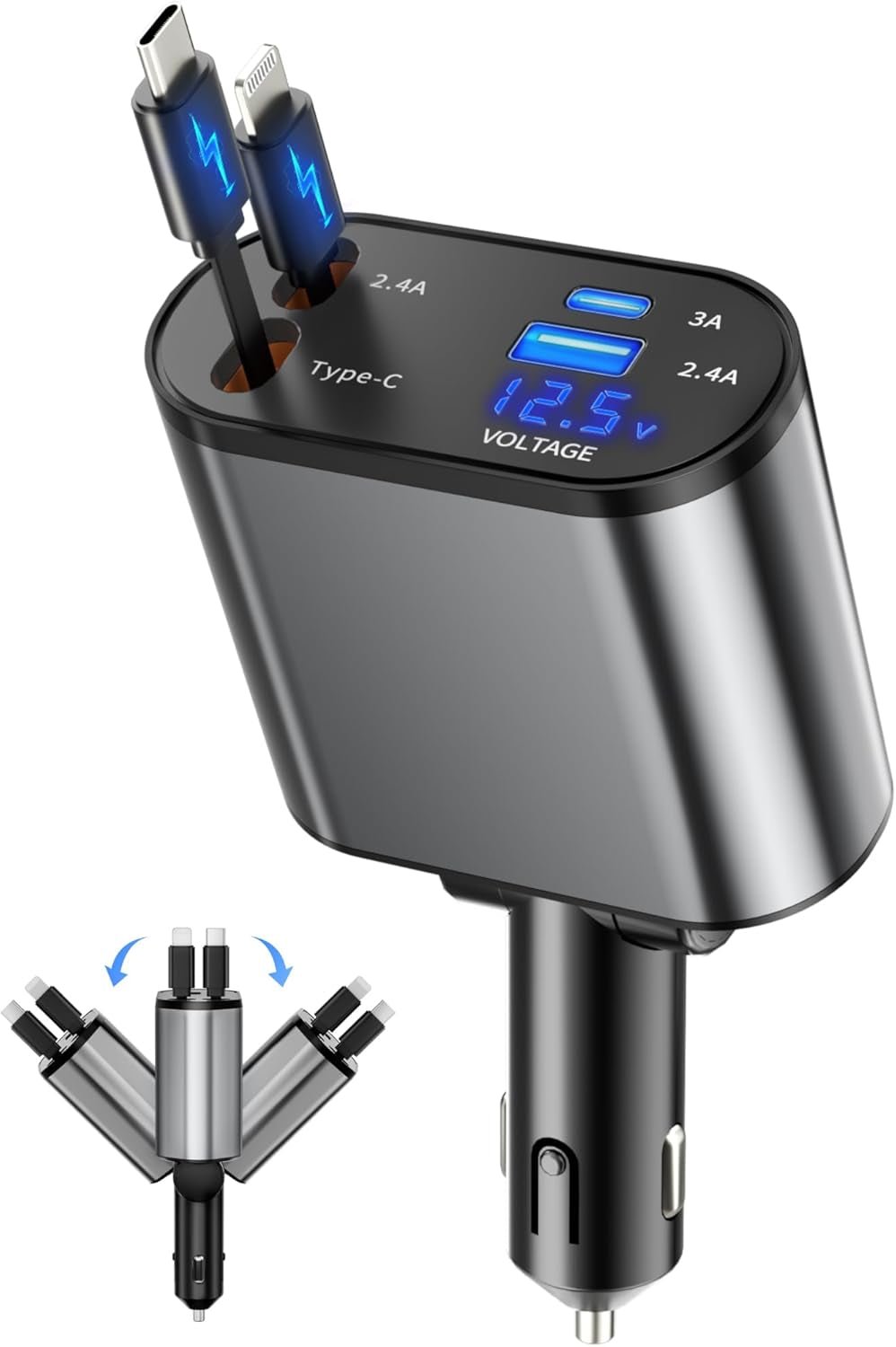 Retractable 4 - in - 1 Car Charger USB - C & USB - A - Fast Charging Cable for iPhone Android - Solily