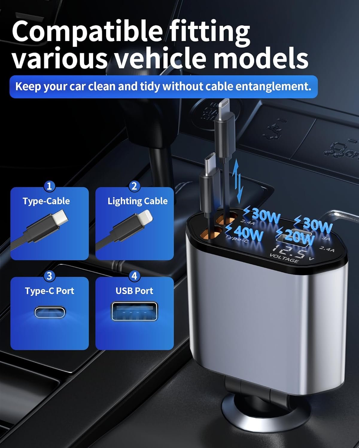 Retractable 4 - in - 1 Car Charger USB - C & USB - A - Fast Charging Cable for iPhone Android - Solily