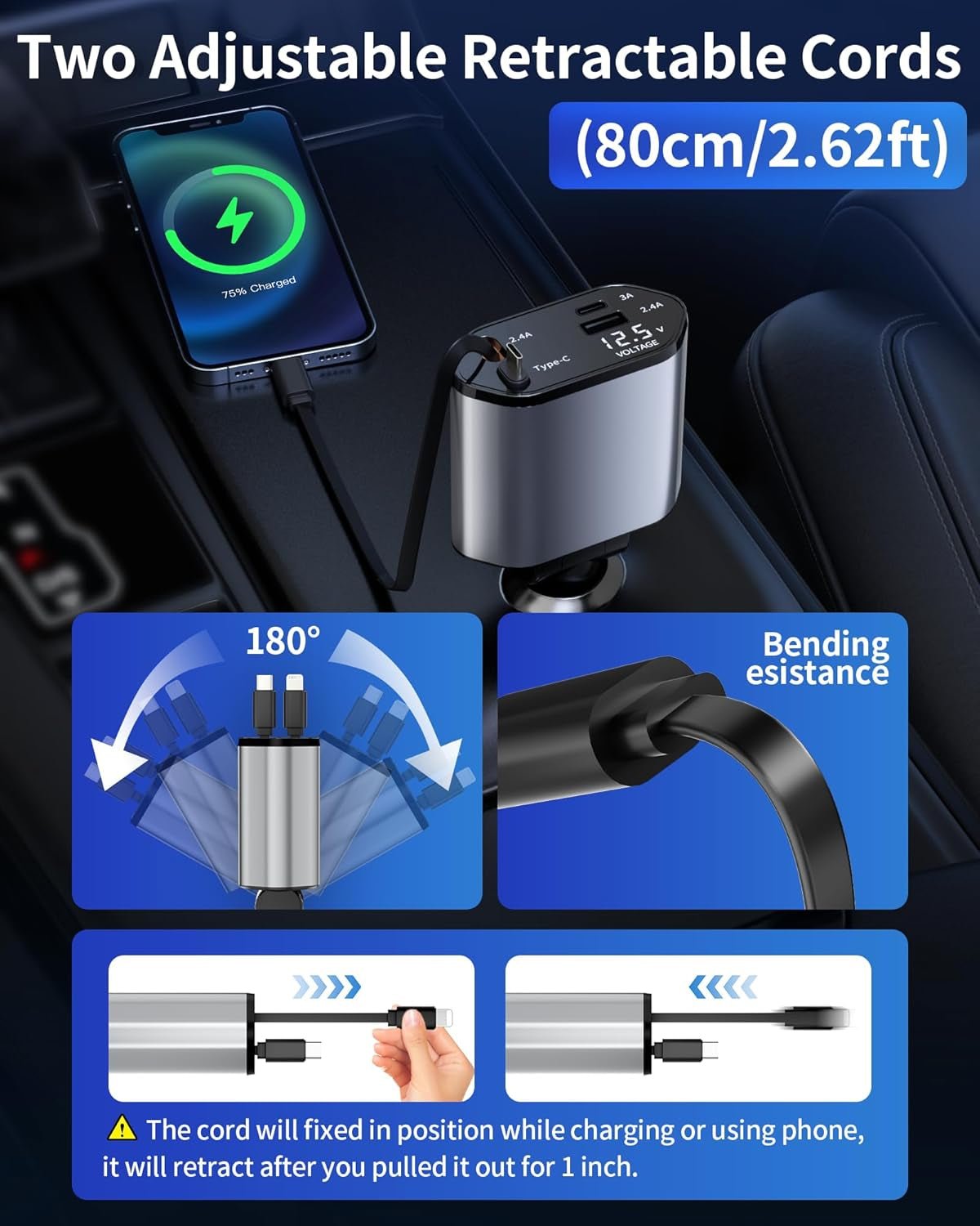 Retractable 4 - in - 1 Car Charger USB - C & USB - A - Fast Charging Cable for iPhone Android - Solily
