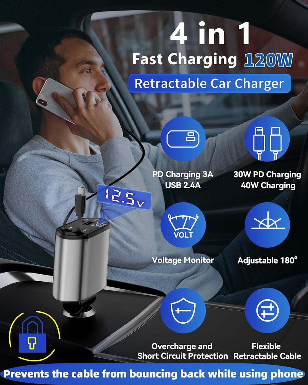 Retractable 4 - in - 1 Car Charger USB - C & USB - A - Fast Charging Cable for iPhone Android - Solily