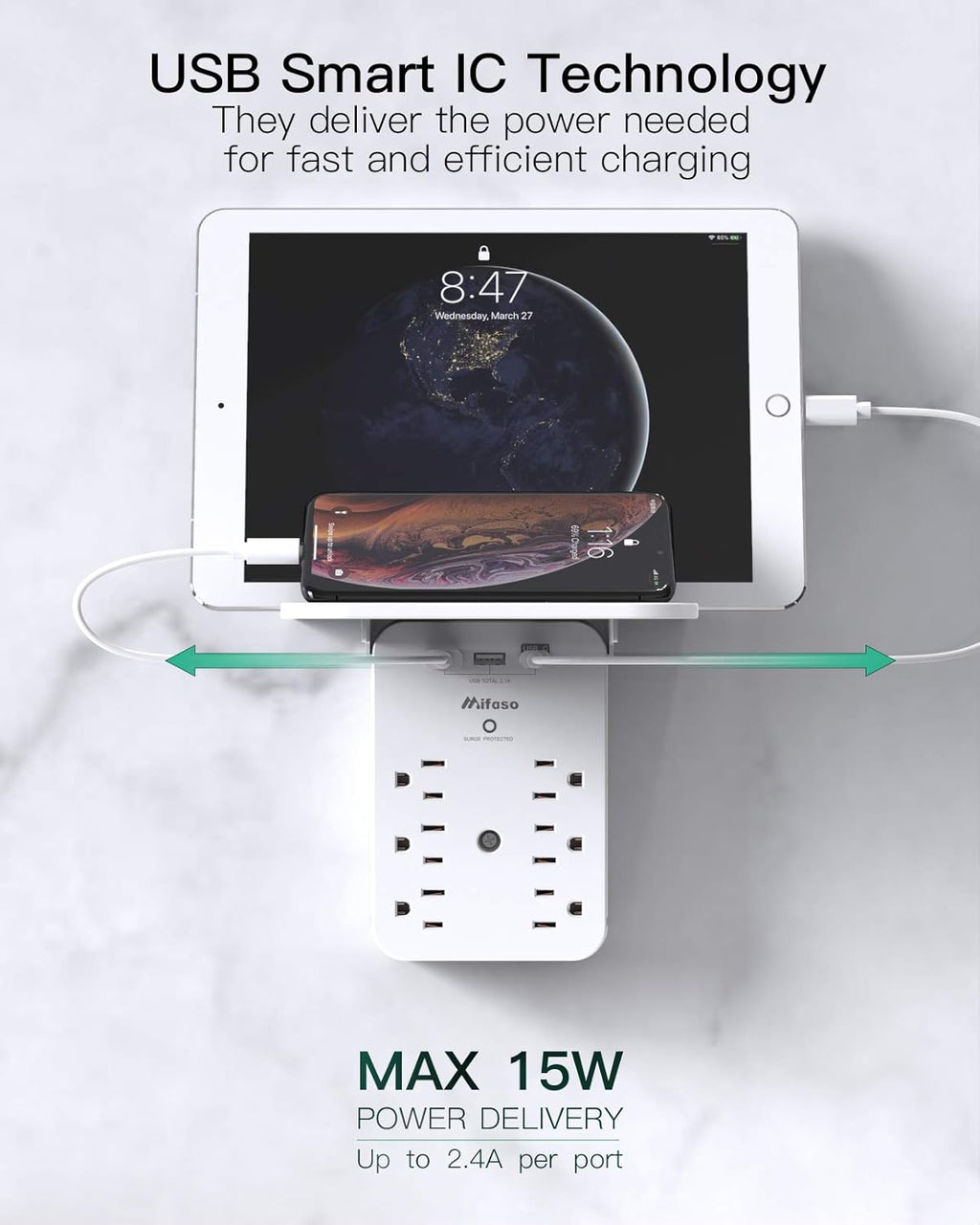 Wall Outlet Extender 6 AC Outlets + USB - C Ports - Multi Plug Surge Protector Power Strip - Solily