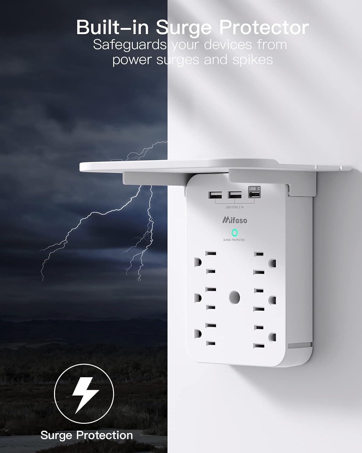 Wall Outlet Extender 6 AC Outlets + USB - C Ports - Multi Plug Surge Protector Power Strip - Solily