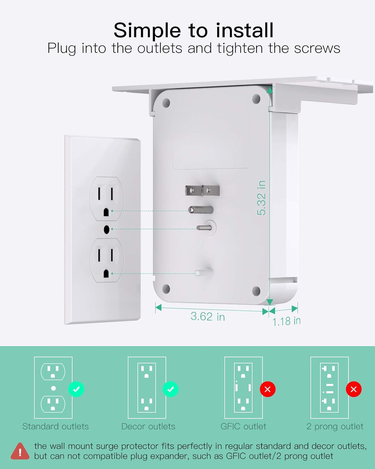 Wall Outlet Extender 6 AC Outlets + USB - C Ports - Multi Plug Surge Protector Power Strip - Solily