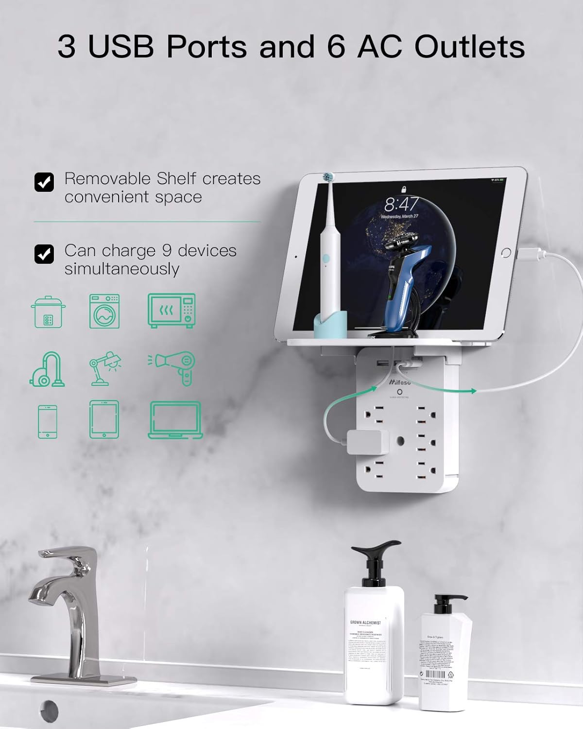 Wall Outlet Extender 6 AC Outlets + USB - C Ports - Multi Plug Surge Protector Power Strip - Solily