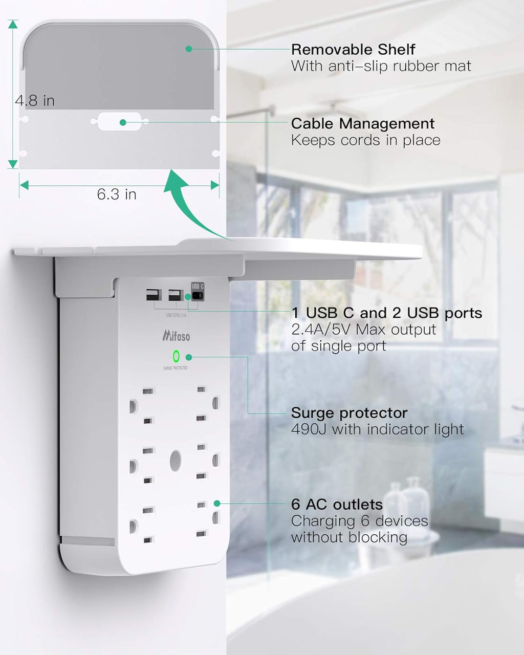 Wall Outlet Extender 6 AC Outlets + USB - C Ports - Multi Plug Surge Protector Power Strip - Solily