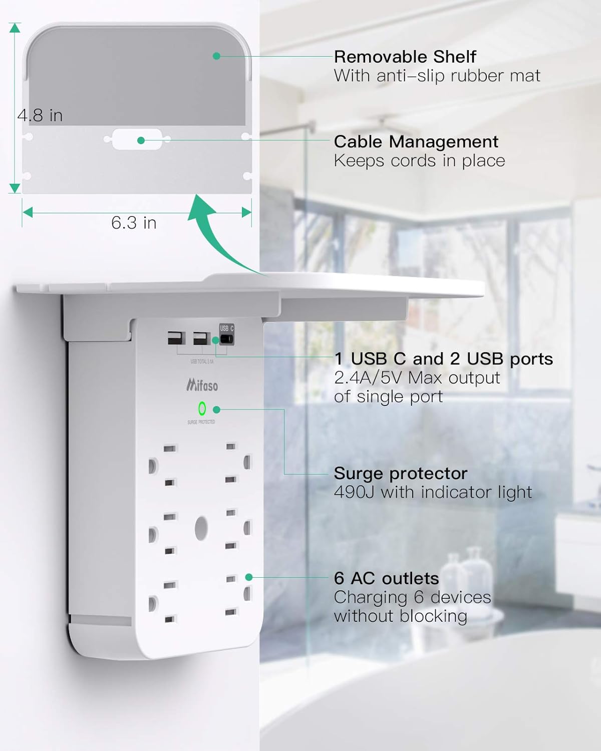 Wall Outlet Extender 6 AC Outlets + USB - C Ports - Multi Plug Surge Protector Power Strip - Solily